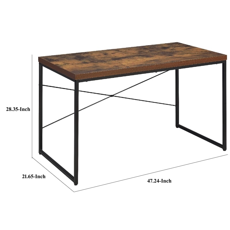 Rectangular Wooden Desk With Metal Base- Weathered Oak Brown And Black