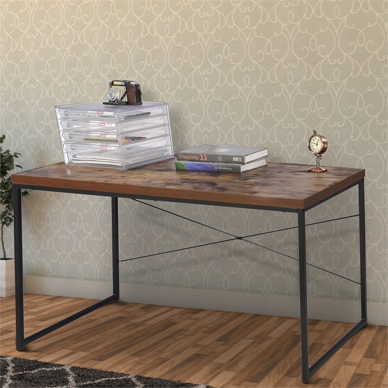 Rectangular Wooden Desk With Metal Base- Weathered Oak Brown And Black