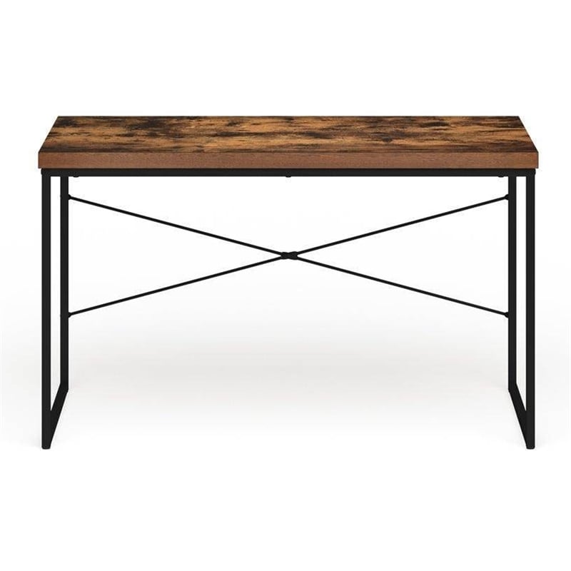 Rectangular Wooden Desk With Metal Base- Weathered Oak Brown And Black