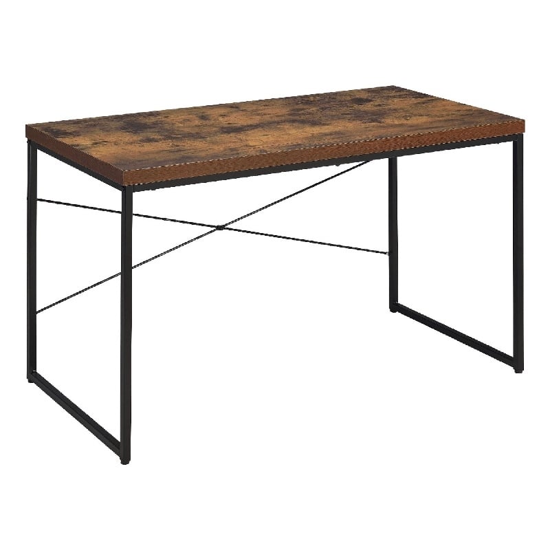 Rectangular Wooden Desk With Metal Base- Weathered Oak Brown And Black
