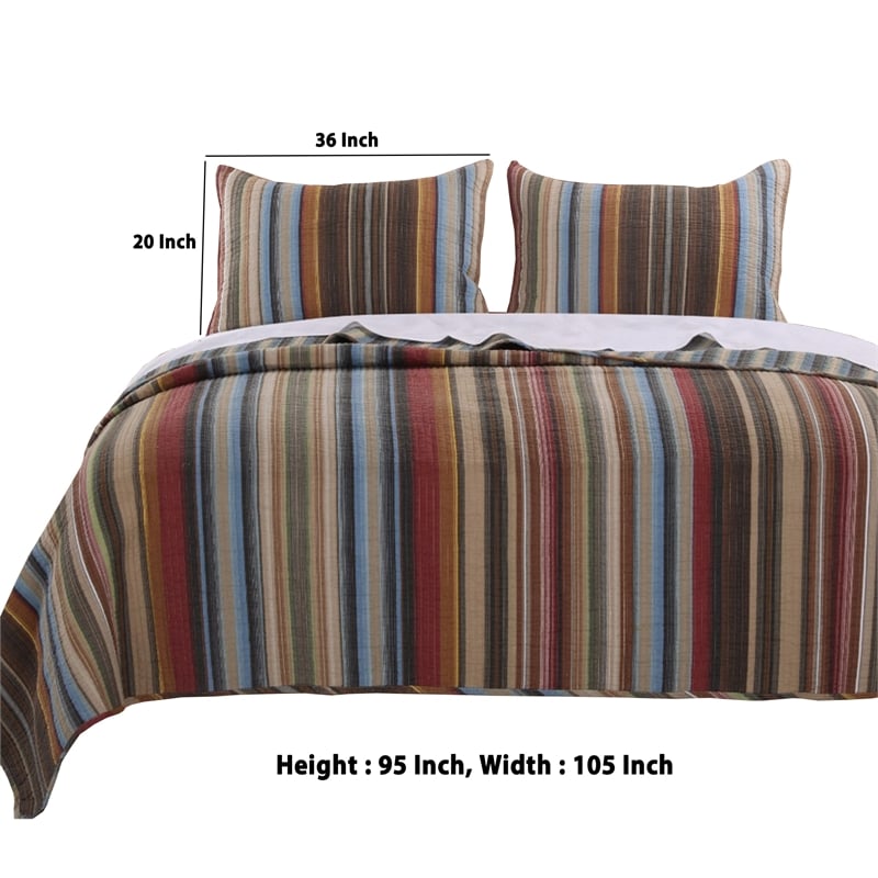 Phoenix Fabric 3 Piece King Size Quilt Set with Striped Prints- Multicolor
