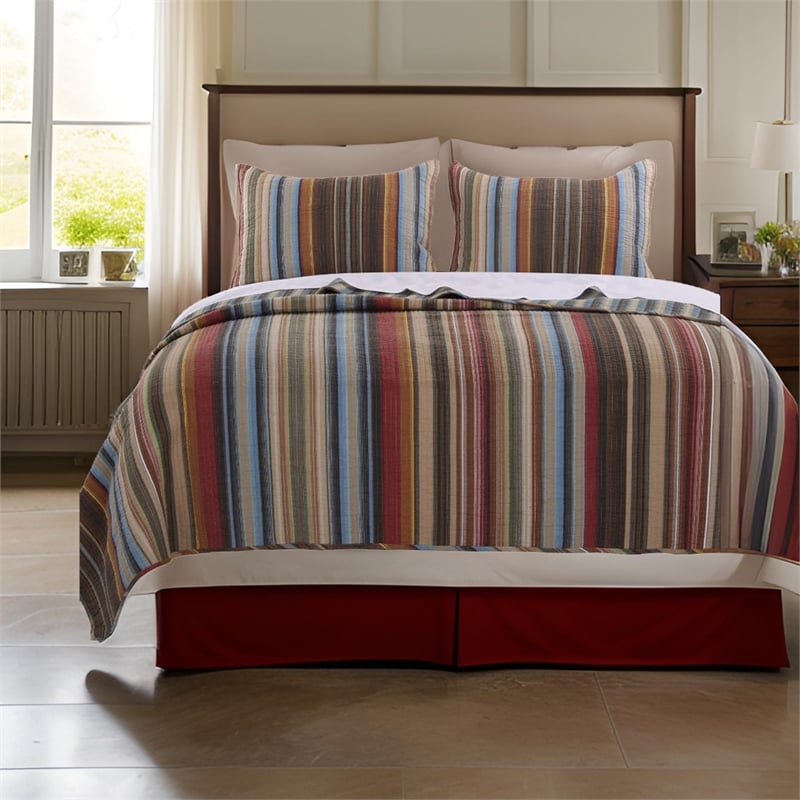 Phoenix Fabric 3 Piece King Size Quilt Set with Striped Prints- Multicolor