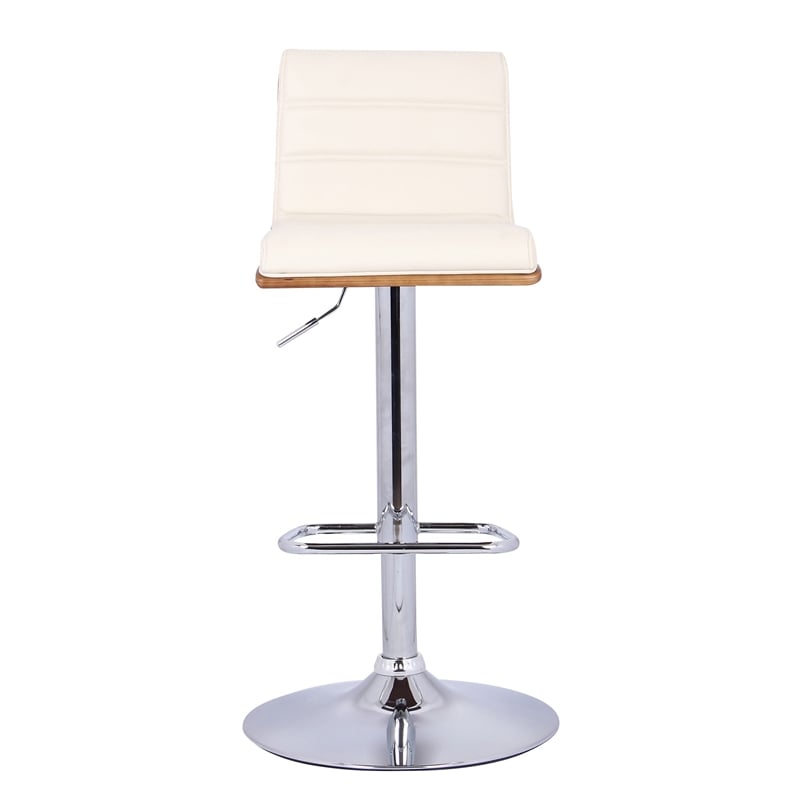 Wooden Support Faux Leather Barstool with Pedestal Base- Cream and Chrome
