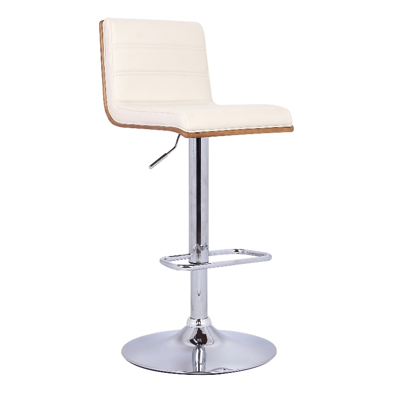 Wooden Support Faux Leather Barstool with Pedestal Base- Cream and Chrome