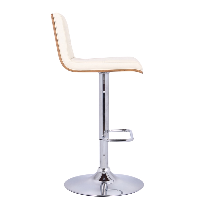 Wooden Support Faux Leather Barstool with Pedestal Base- Cream and Chrome