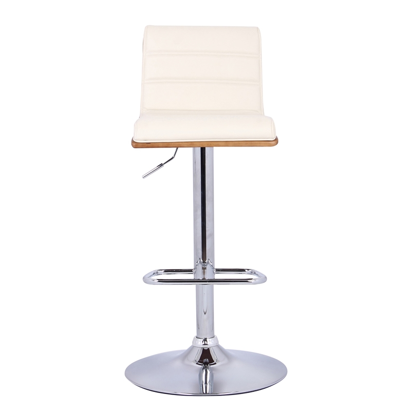 Wooden Support Faux Leather Barstool with Pedestal Base- Cream and Chrome