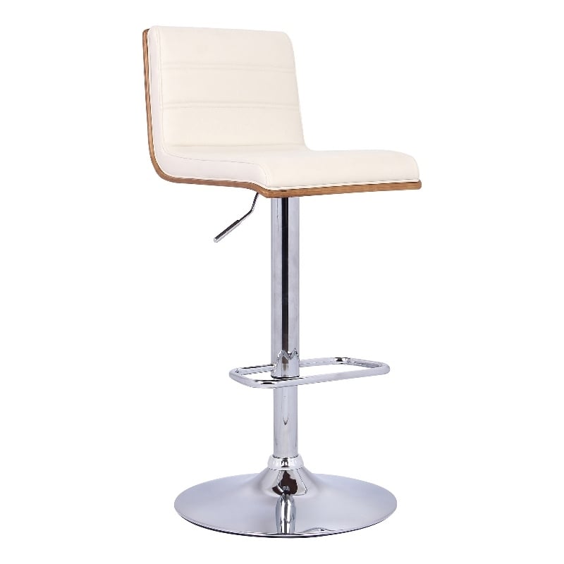 Wooden Support Faux Leather Barstool with Pedestal Base- Cream and Chrome