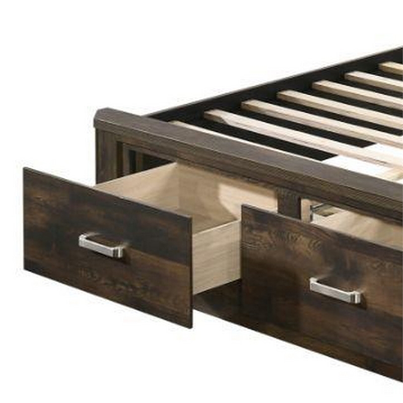 Queen Wooden Bed with Drawer Storage- Rustic Walnut