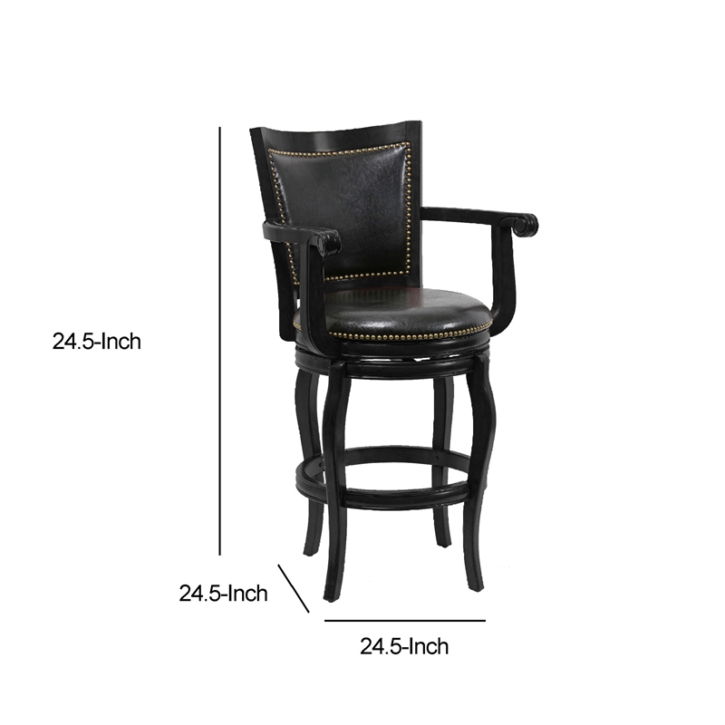 29 Inch 360-Degree Swivel Barstool- Wood- Open Rolled Arms- Black