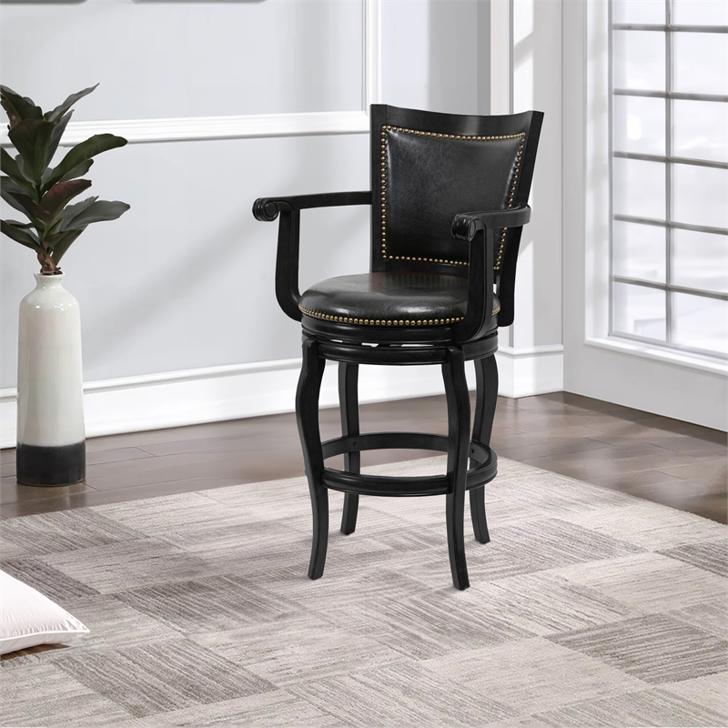 29 Inch 360-Degree Swivel Barstool- Wood- Open Rolled Arms- Black