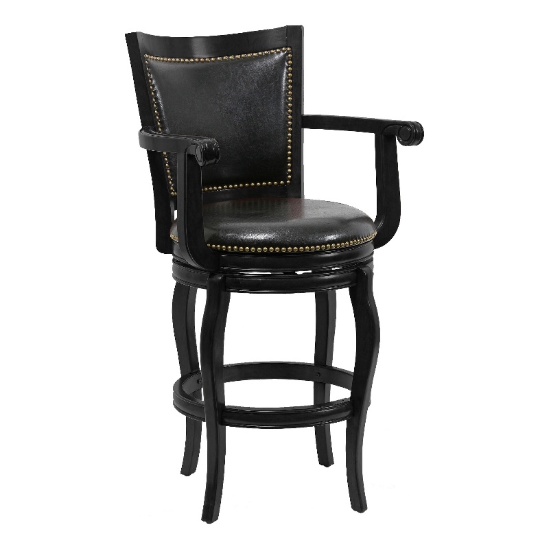 29 Inch 360-Degree Swivel Barstool- Wood- Open Rolled Arms- Black