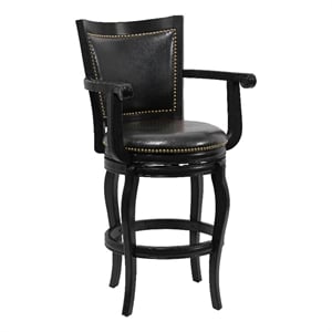 29 Inch 360-Degree Swivel Barstool- Wood- Open Rolled Arms- Black