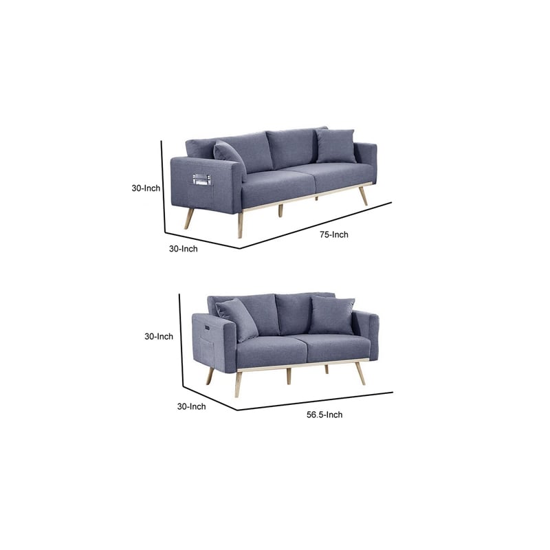 Mico 75 Inch 2 Piece Sofa and Loveseat Set- USB Ports- Dark Gray Fabric