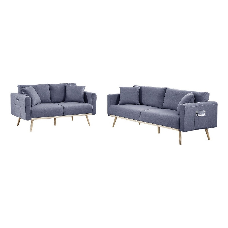 Mico 75 Inch 2 Piece Sofa and Loveseat Set- USB Ports- Dark Gray Fabric