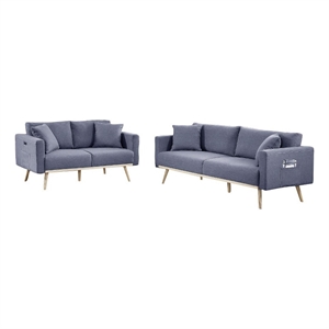 Mico 75 Inch 2 Piece Sofa and Loveseat Set- USB Ports- Dark Gray Fabric