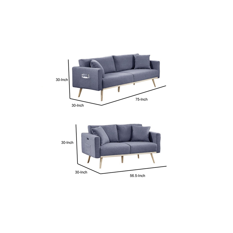 Mico 75 Inch 2 Piece Sofa and Loveseat Set- USB Ports- Dark Gray Fabric