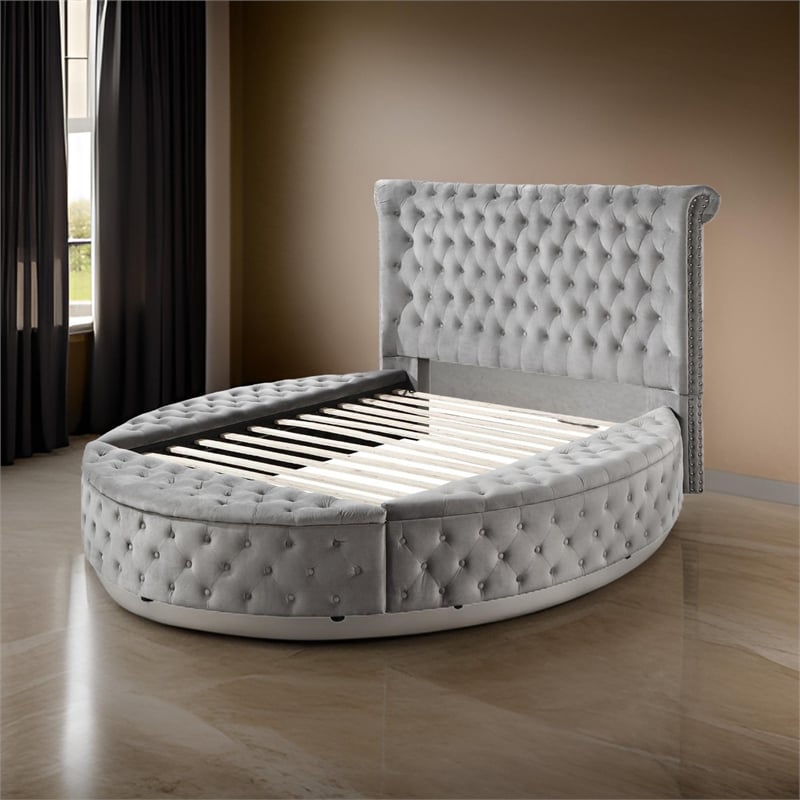 Modern Wood King Size Bed- Button Tufted- Bedside Bench with Storage- Gray