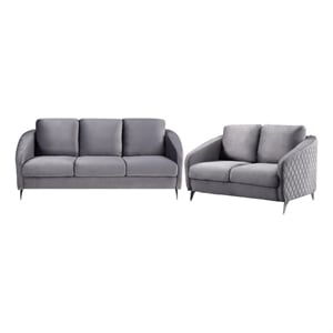 Hida 2 Piece Sofa and Loveseat Set- Diamond Stitching- Smooth Gray Velvet