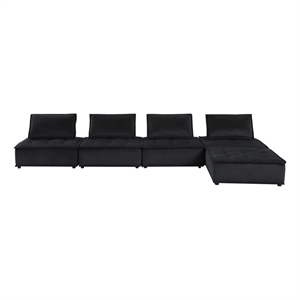 Alaya 120 Inch Tufted 5 Piece Sectional Sofa- Back Cushions- Black Velvet