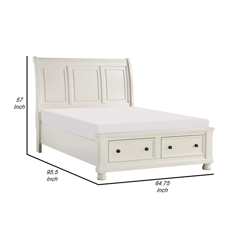 Bency Queen Sleigh Style Platform Bed- 2 Drawer Footboard- Bun Legs- White