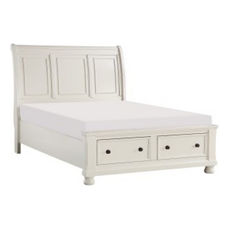 Bency Queen Sleigh Style Platform Bed- 2 Drawer Footboard- Bun Legs- White