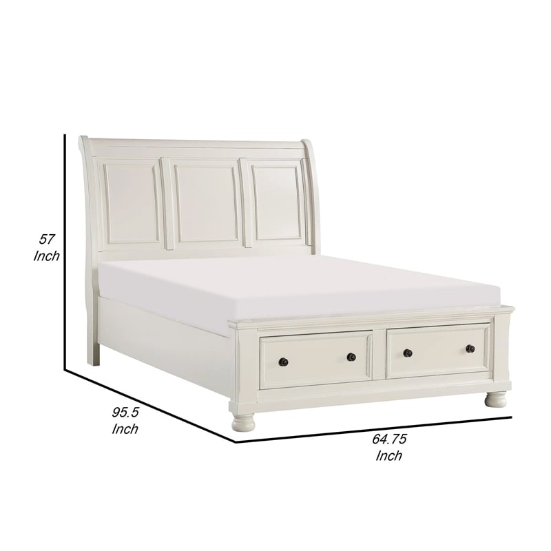 Bency Queen Sleigh Style Platform Bed- 2 Drawer Footboard- Bun Legs- White