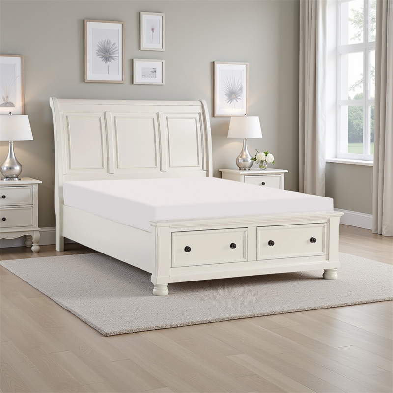 Bency Queen Sleigh Style Platform Bed- 2 Drawer Footboard- Bun Legs- White