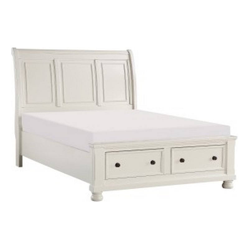Bency Queen Sleigh Style Platform Bed- 2 Drawer Footboard- Bun Legs- White