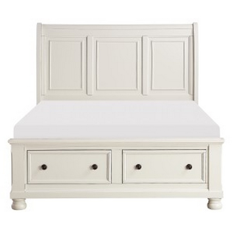 Bency Queen Sleigh Style Platform Bed- 2 Drawer Footboard- Bun Legs- White