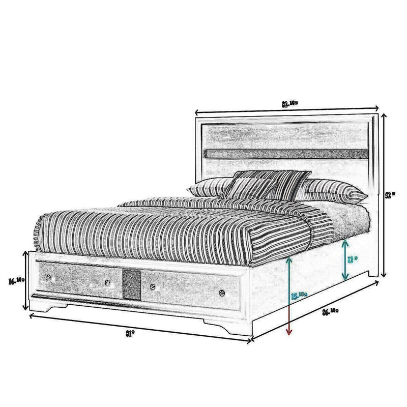 Regi King Size Bed- 2 Storage Drawers- Silver Striped Headboard- Black Wood