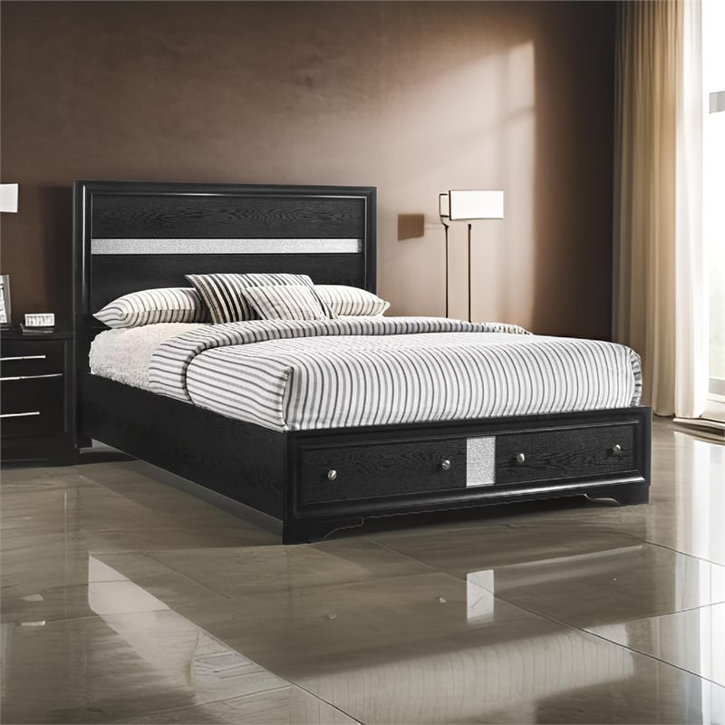 Regi King Size Bed- 2 Storage Drawers- Silver Striped Headboard- Black Wood