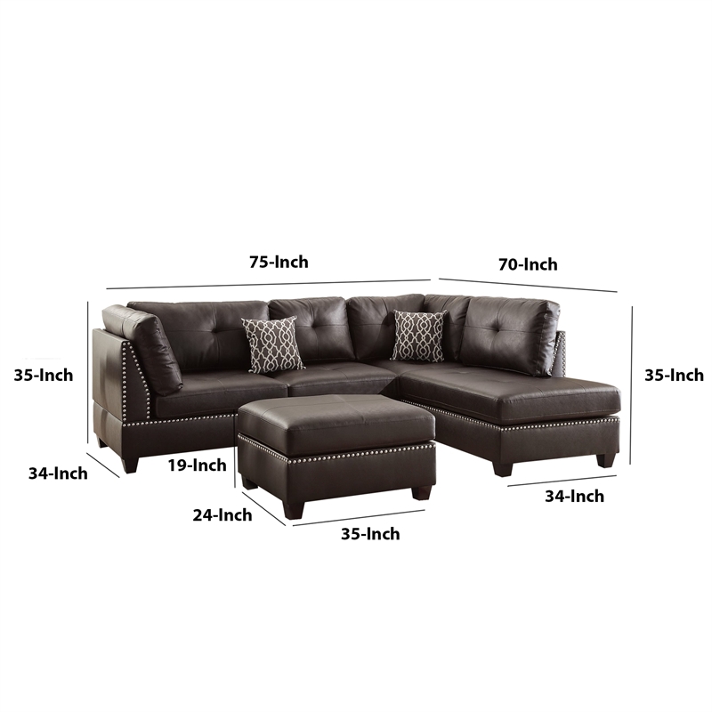 Plushed Bonded Leather 3 Pieces Sectional Set In Brown