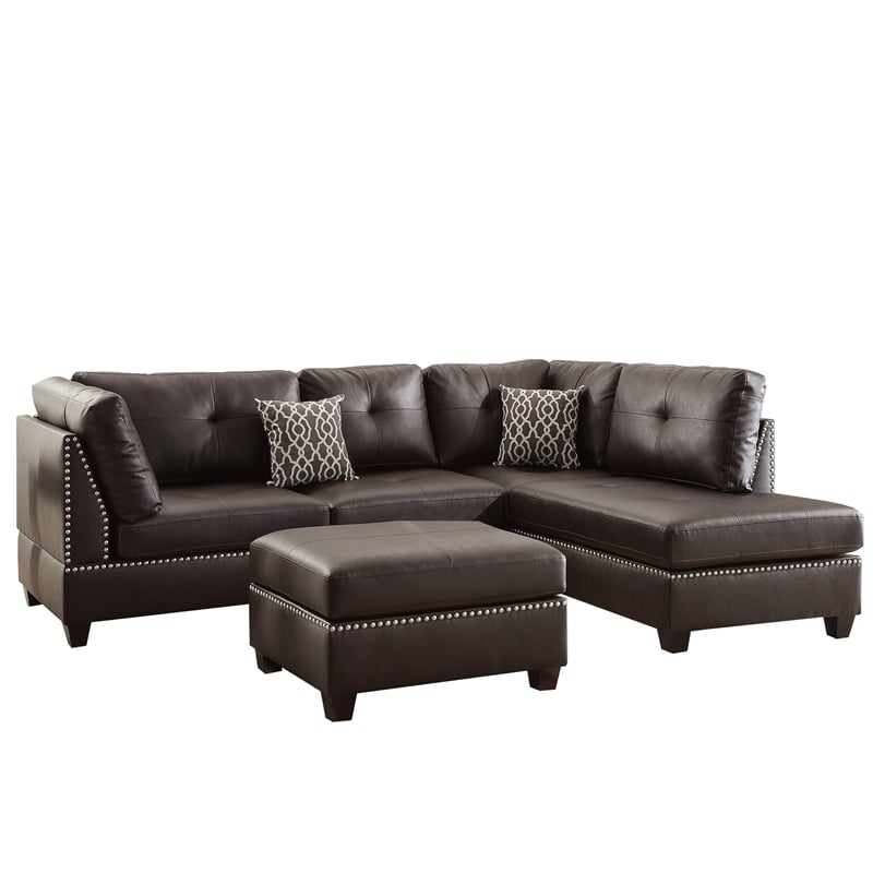 Plushed Bonded Leather 3 Pieces Sectional Set In Brown