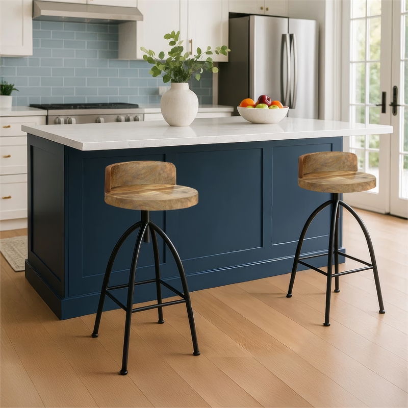 Pia 32-35 Extra Tall Adjustable Barstool- Set of 2-Natural Brown Mango Wood Seat