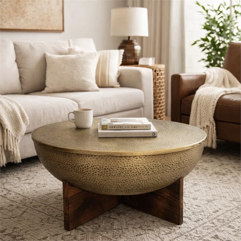 Arden Coffee Table - Round Hammered Metal Top - Mango Wood Base- Antique Brass