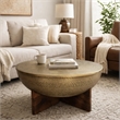 Arden Coffee Table - Round Hammered Metal Top - Mango Wood Base- Antique Brass