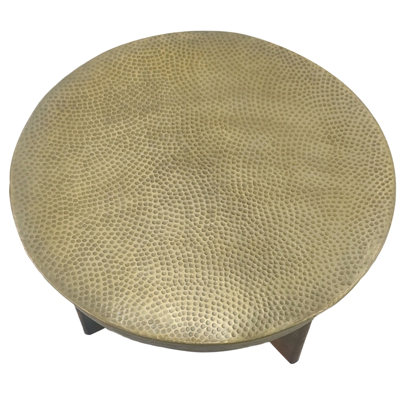 Arden Coffee Table - Round Hammered Metal Top - Mango Wood Base- Antique Brass