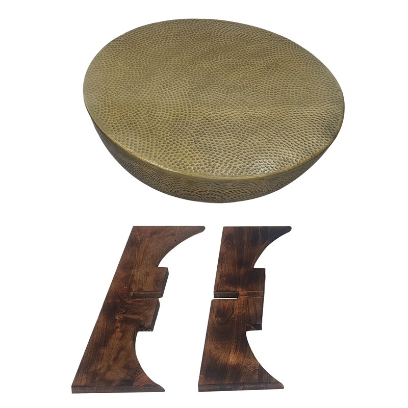 Arden Coffee Table - Round Hammered Metal Top - Mango Wood Base- Antique Brass