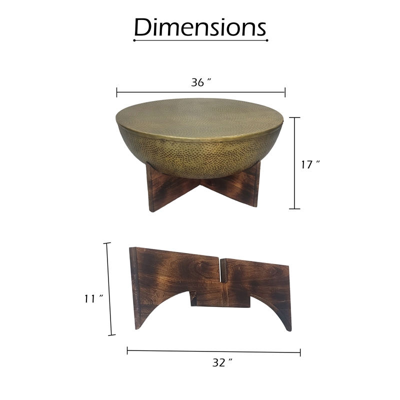 Arden Coffee Table - Round Hammered Metal Top - Mango Wood Base- Antique Brass
