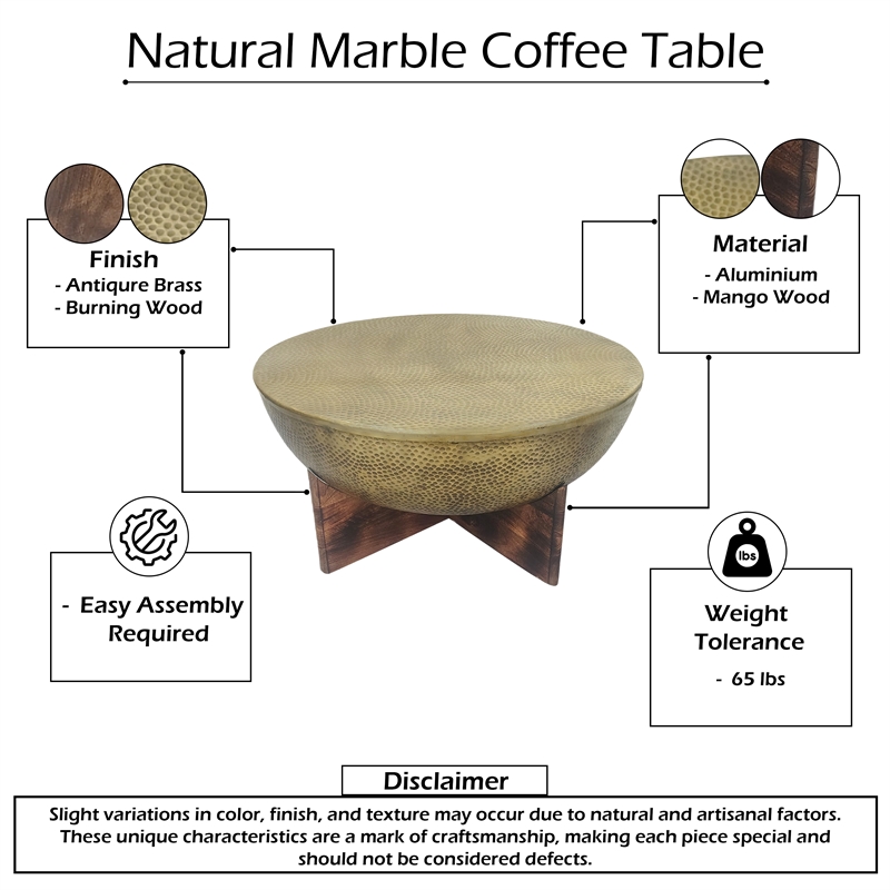 Arden Coffee Table - Round Hammered Metal Top - Mango Wood Base- Antique Brass
