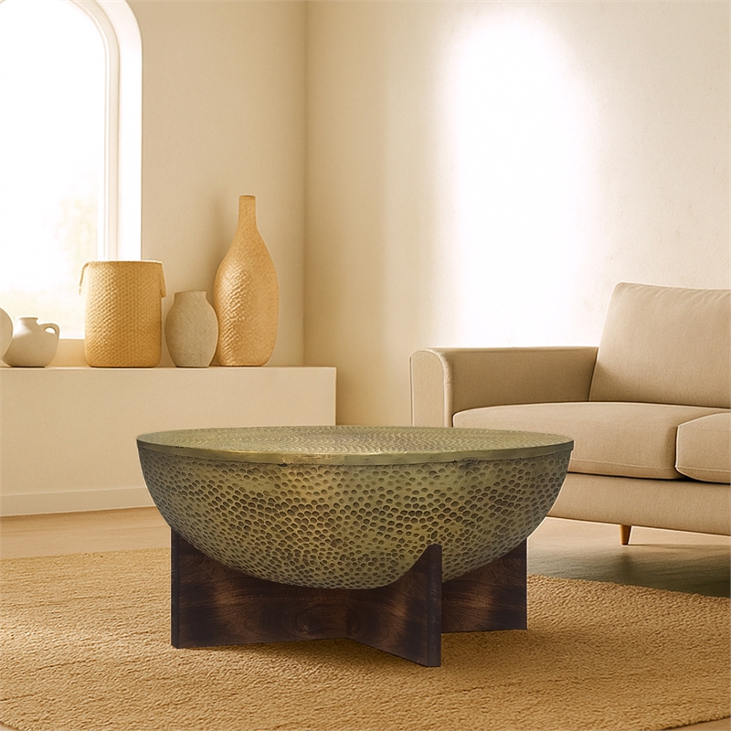 Arden Coffee Table - Round Hammered Metal Top - Mango Wood Base- Antique Brass