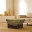 Arden Coffee Table - Round Hammered Metal Top - Mango Wood Base- Antique Brass