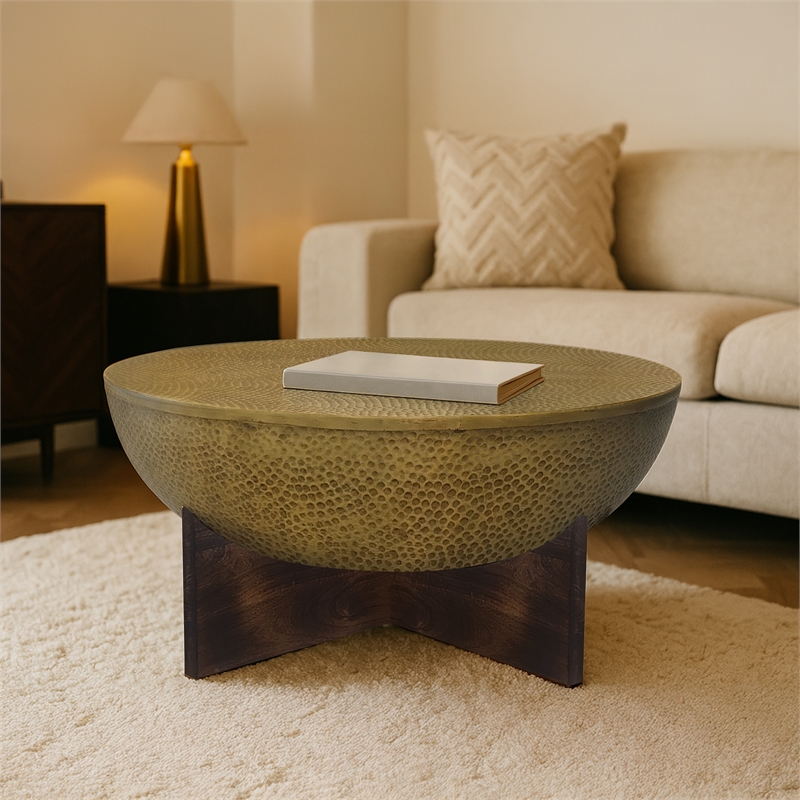 Arden Coffee Table - Round Hammered Metal Top - Mango Wood Base- Antique Brass