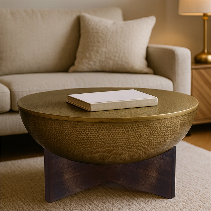 Arden Coffee Table - Round Hammered Metal Top - Mango Wood Base- Antique Brass