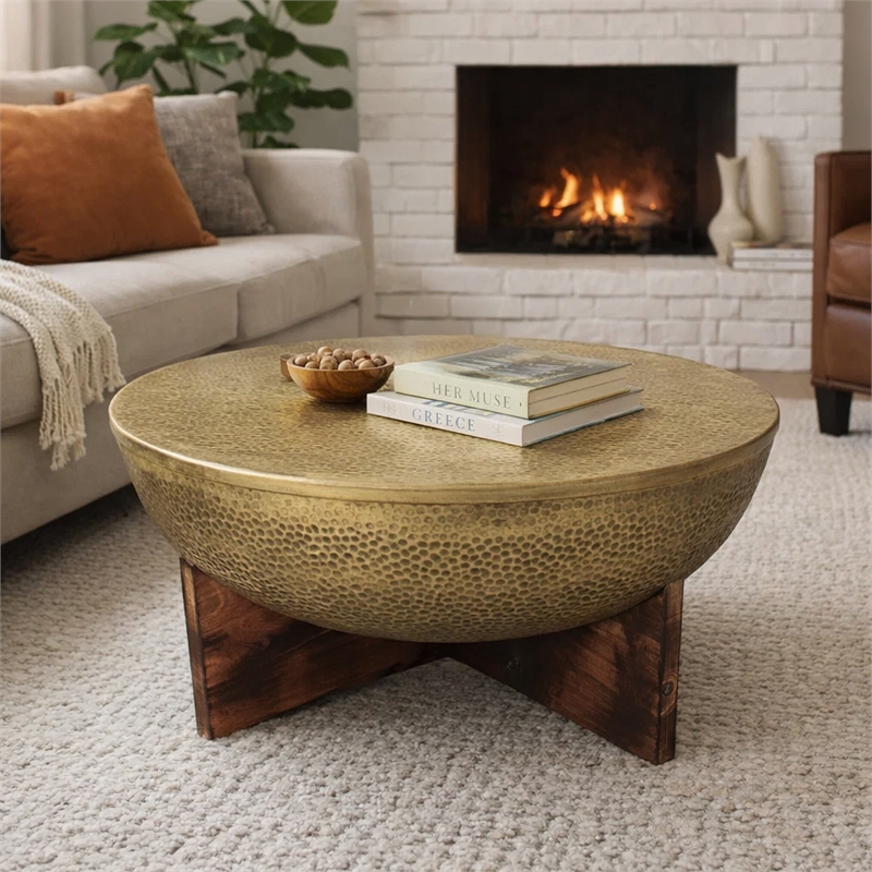Arden Coffee Table - Round Hammered Metal Top - Mango Wood Base- Antique Brass