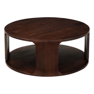 Bard Coffee Table-38 Inch Round Top with Shelf-Brown Mango Wood Sculptural Frame