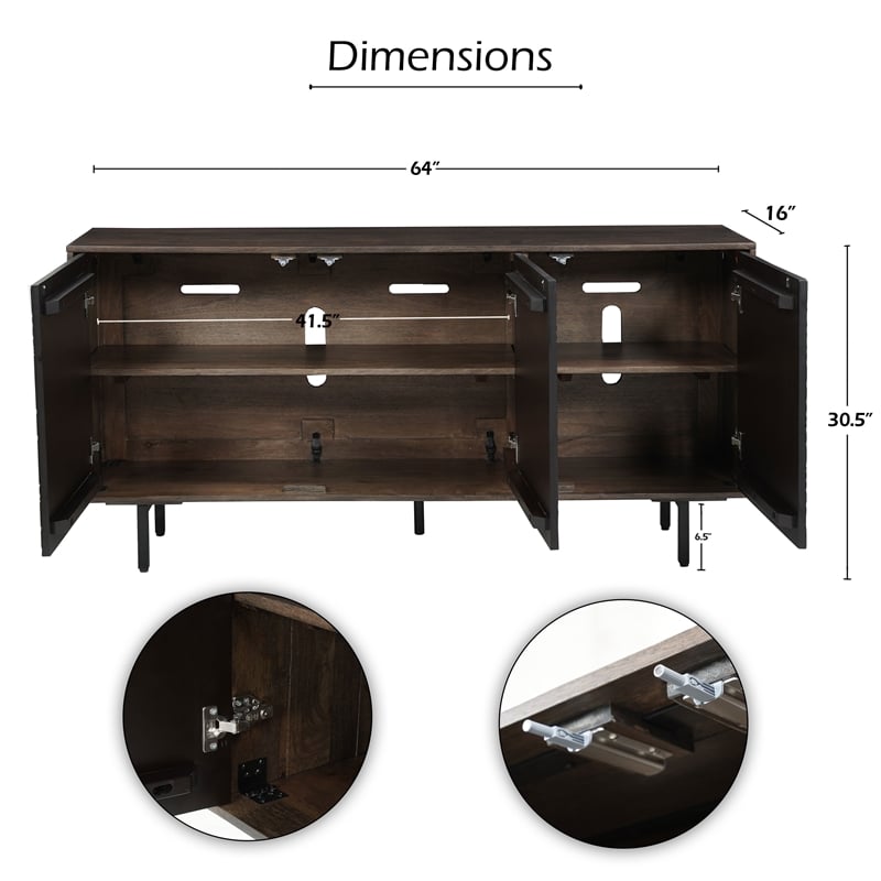64 Inch Cosmo TV Stand Console- 3-Door Cabinet- Brown & Black Mango Wood
