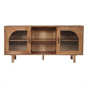 64&quot James TV Stand Console-2 Arch Glass Door Cabinets & Shelves-Brown Mango Wood