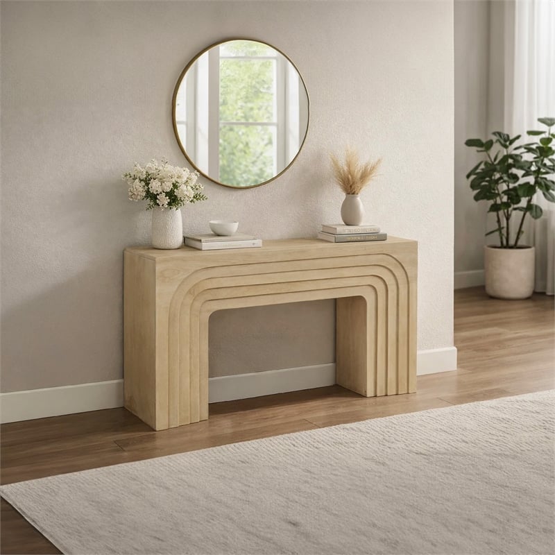 Kesna Console Sofa Table- 53 Inch Sculpted Arch- Light Beige Mango Wood