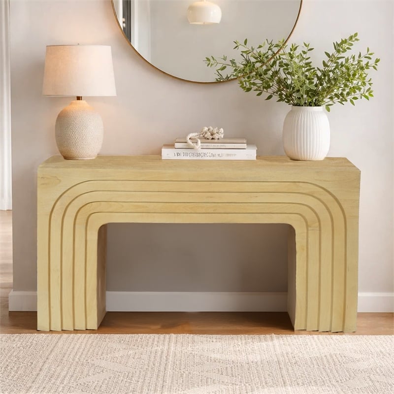 Kesna Console Sofa Table- 53 Inch Sculpted Arch- Light Beige Mango Wood